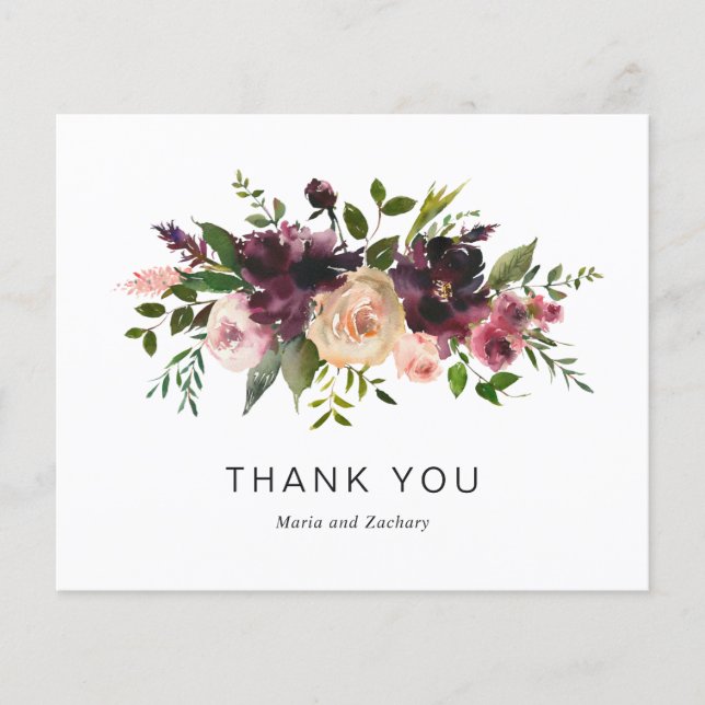 Burgundy Wine Floral Budget Wedding Thank You Card (Front)