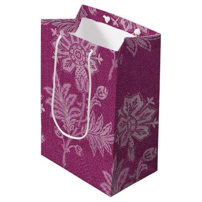 Burgundy Wine Floral Lace Bridal Shower Medium Gift Bag (Front Angled)