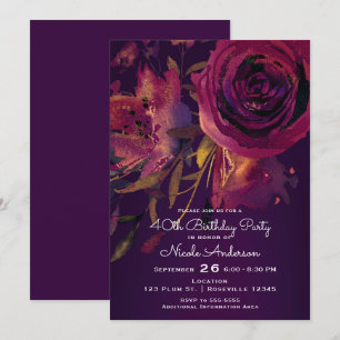 Burgundy Wine Floral Rose Purple Birthday Party Invitation