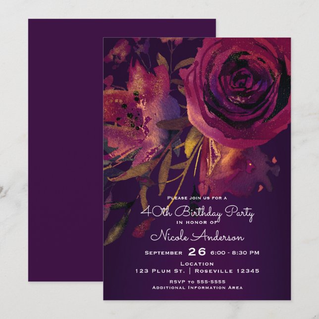 Burgundy Wine Floral Rose Purple Birthday Party Invitation (Front/Back)