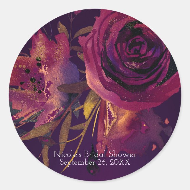Burgundy Wine Floral Rose Purple Bridal Shower Classic Round Sticker (Front)