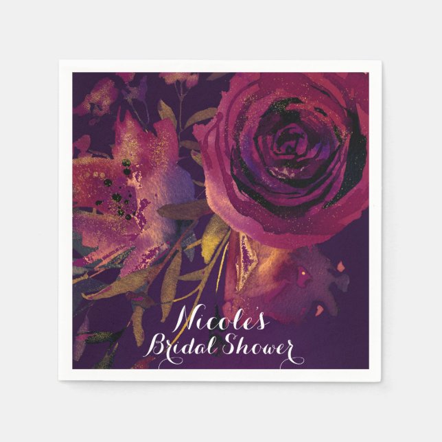 Burgundy Wine Floral Rose Purple Bridal Shower Napkin (Front)