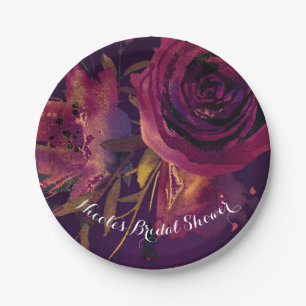 Burgundy Wine Floral Rose Purple Bridal Shower Paper Plate