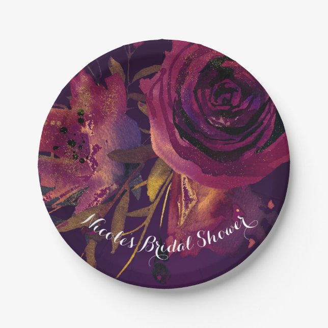 Burgundy Wine Floral Rose Purple Bridal Shower Paper Plate (Front)