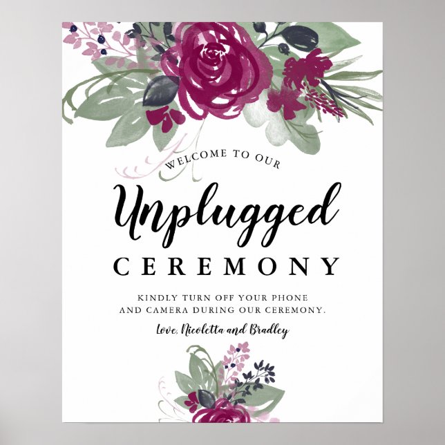 Burgundy Wine Floral Watercolor Boho Wedding Sign (Front)