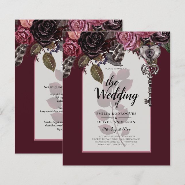 Burgundy Wine Floral Wedding Fall Winter INVITE (Front/Back)
