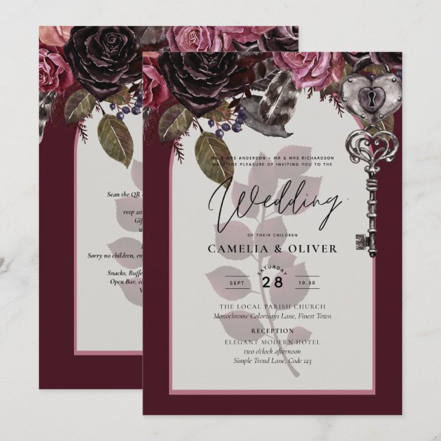 Burgundy Wine Floral Wedding Fall Winter INVITE (Front/Back)