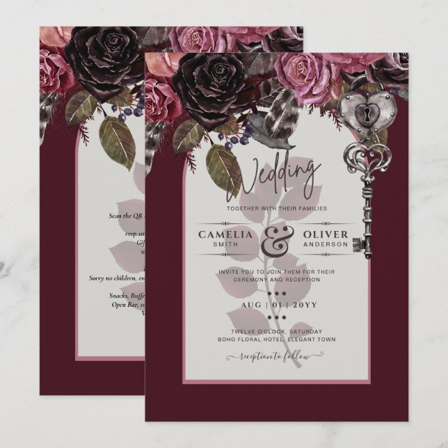 Burgundy Wine Floral Wedding Fall Winter INVITE (Front/Back)