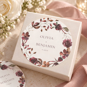 Burgundy Wine Floral Wreath Personalised Wedding Classic Round Sticker