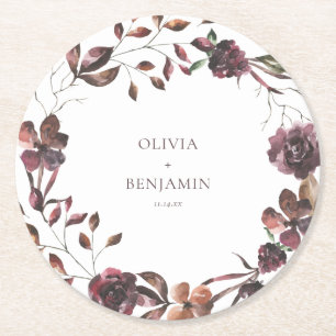 Burgundy Wine Floral Wreath Personalised Wedding Round Paper Coaster