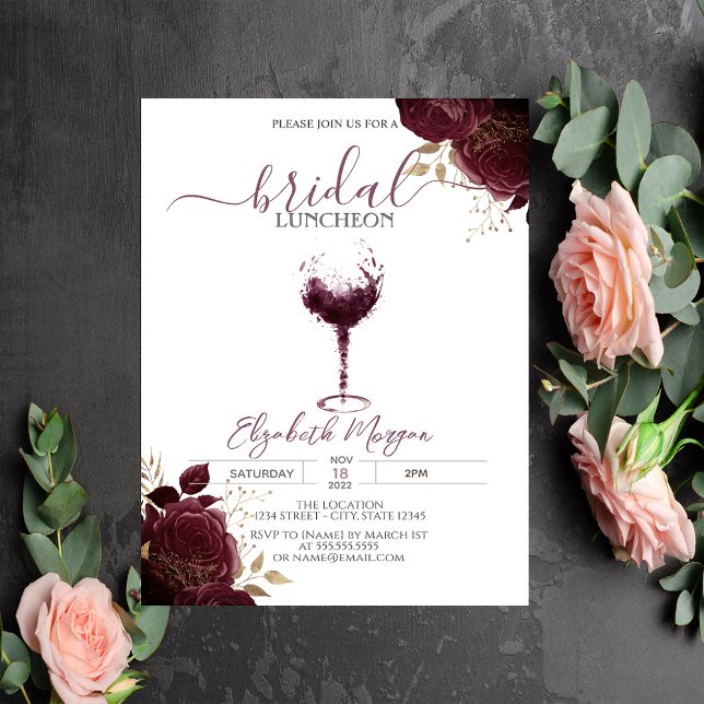 Burgundy Wine Glass Burgundy Roses Bridal Luncheon Invitation (Creator Uploaded)
