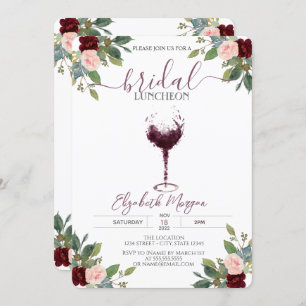 Burgundy Wine Glass Roses Bridal Luncheon  Invitation