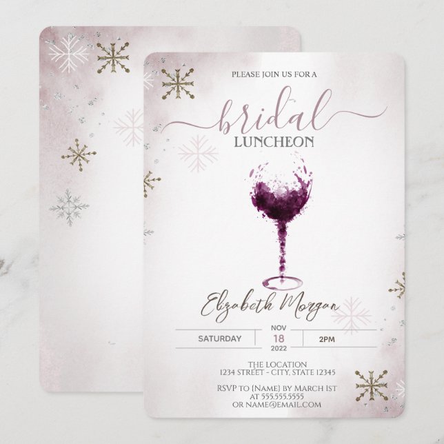 Burgundy Wine Glass Snowflakes Bridal Luncheon  Invitation (Front/Back)