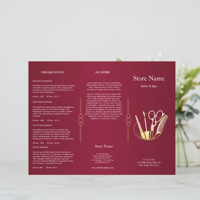 Burgundy Wine & Gold Beauty Salon Trifold Bruchure (Standing Front)