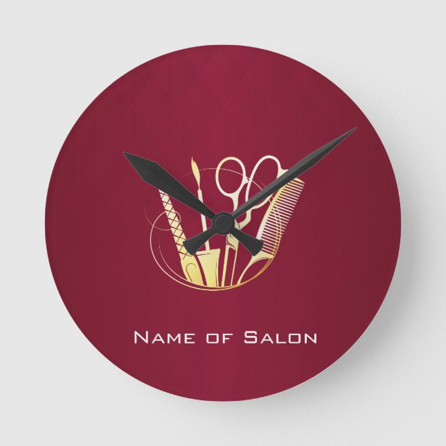 Burgundy Wine & Golden Beauty Salon Round Clock (Front)