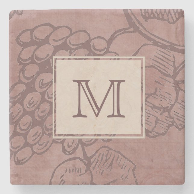 Burgundy Wine Grapevine Monogram Stone Coaster (Front)