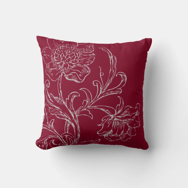 Burgundy Wine & Grey Modern Elegant Floral Cushion (Front)