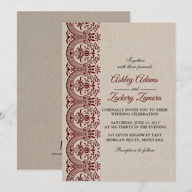 Burgundy/Wine/Maroon Lace Wedding Invitation (Front/Back)