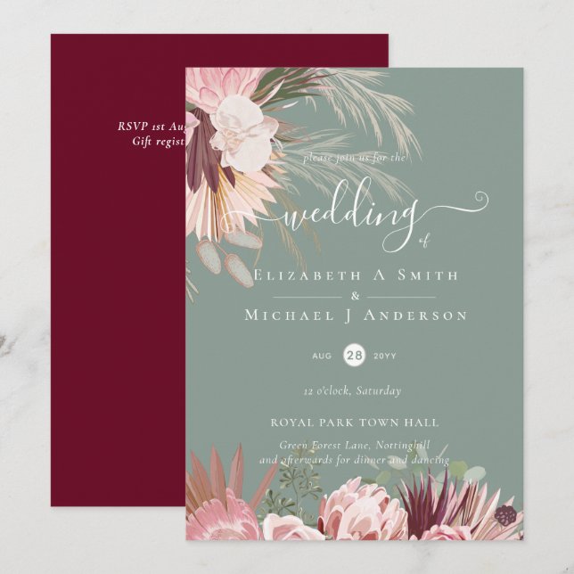 Burgundy Wine Pampas Grass Tropical Wedding (Front/Back)