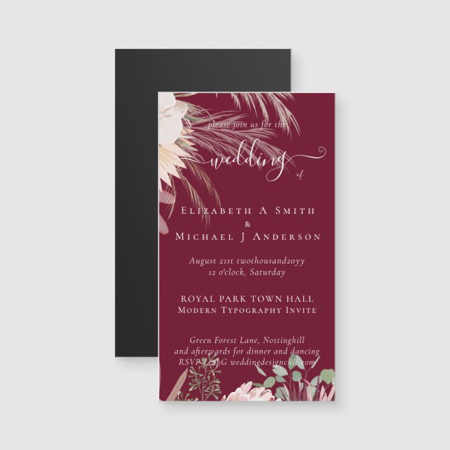 Burgundy Wine Pampas Grass Tropical Wedding (Front/Back)