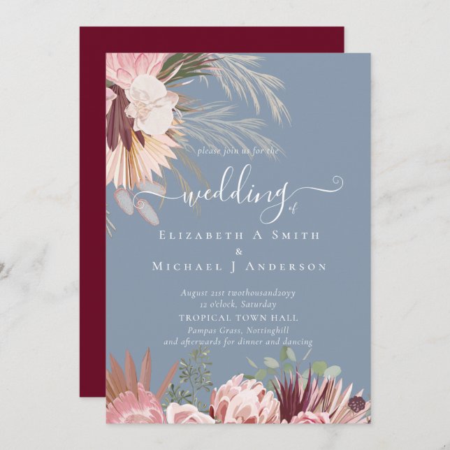 Burgundy Wine Pampas Grass Tropical Wedding (Front/Back)