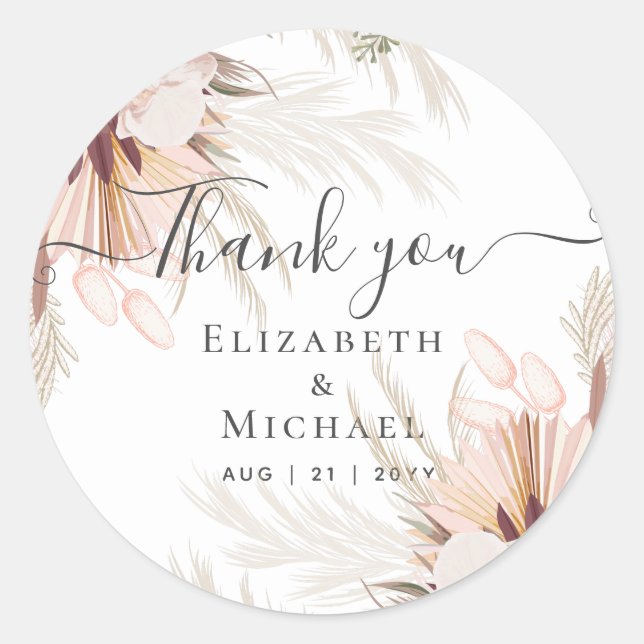 Burgundy Wine Pampas Grass Tropical Wedding Classic Round Sticker (Front)
