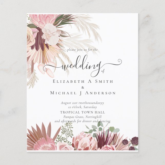 Burgundy Wine Pampas Grass Tropical Wedding Flyer (Front)