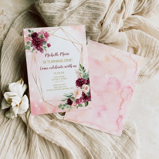 Burgundy Wine Pink and Gold Floral First Birthday Invitation (Creator Uploaded)