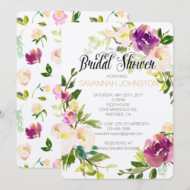 Burgundy Wine Pink Watercolor Floral bridal shower Invitation (Front/Back)