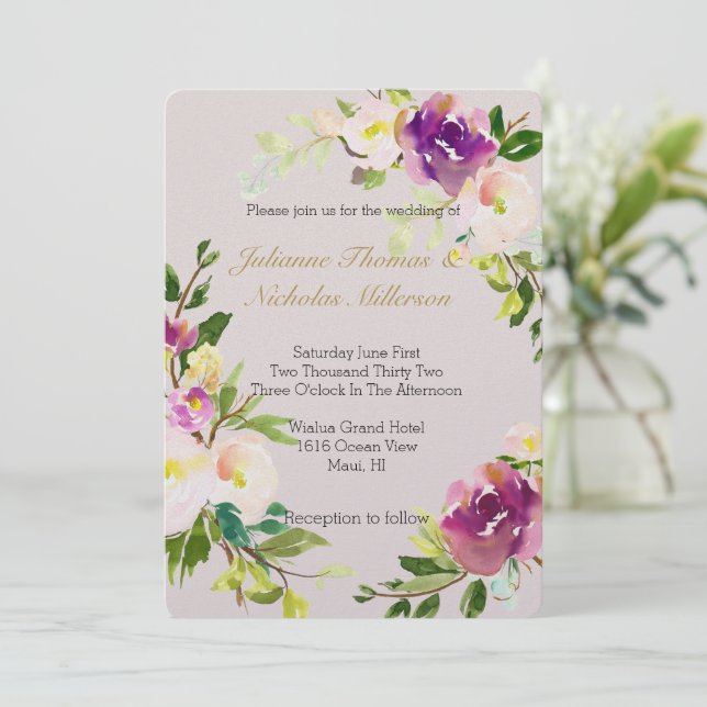 Burgundy Wine Pink Watercolor Floral Cream Wedding Invitation (Standing Front)