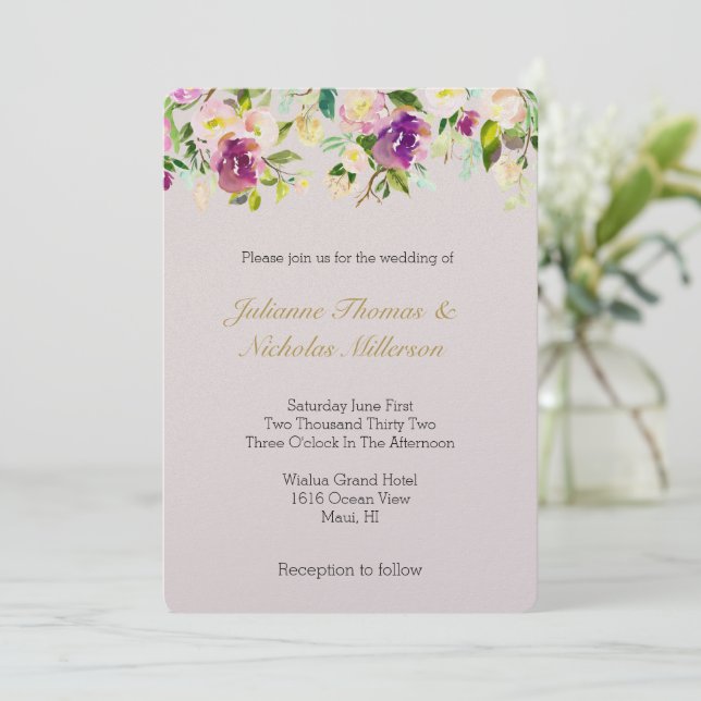 Burgundy Wine Pink Watercolor Floral Cream Wedding Invitation (Standing Front)