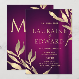 Burgundy wine red and golden foil leaves invitation