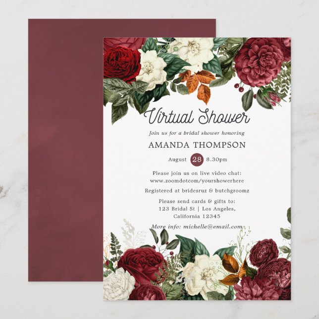 Burgundy Wine Red Floral Virtual Bridal Shower Invitation (Front/Back)