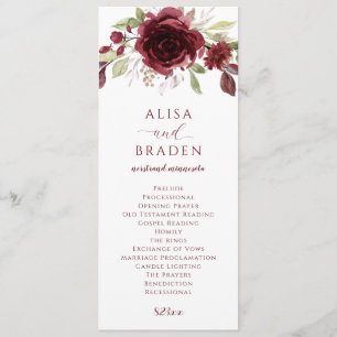 Burgundy Wine Red Floral Watercolor Wedding Programme