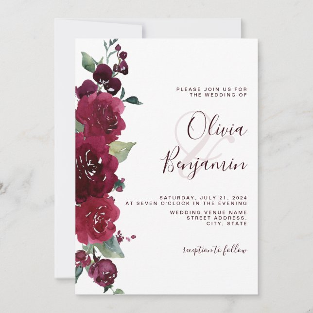Burgundy Wine Red Marsala Floral Wedding Invitation (Front)
