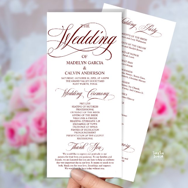 Burgundy Wine Red Modern Script All In One Wedding Programme (Modern Script All In One Wedding Program Card in Burgundy Wine Red)