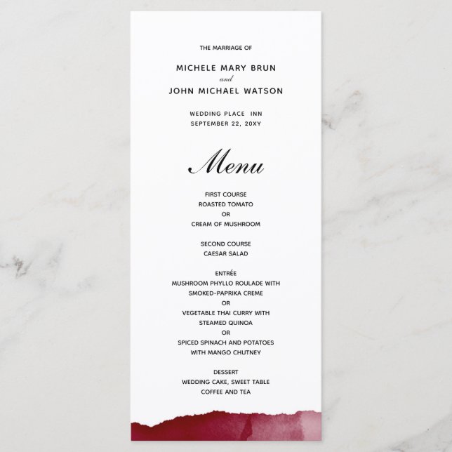 Burgundy Wine Red Watercolor Wedding Menu Cards (Front)