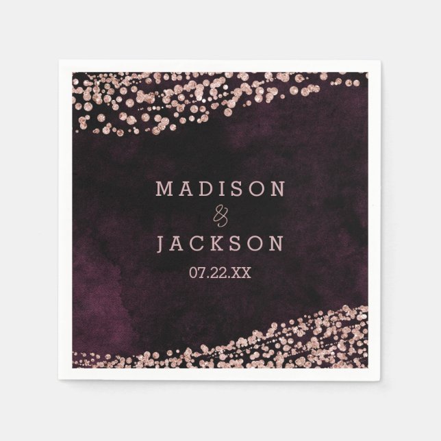 Burgundy Wine & Rose Gold Monogram Wedding Napkin (Front)