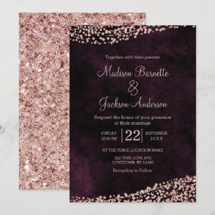 Burgundy Wine & Rose Gold Wedding Invitation