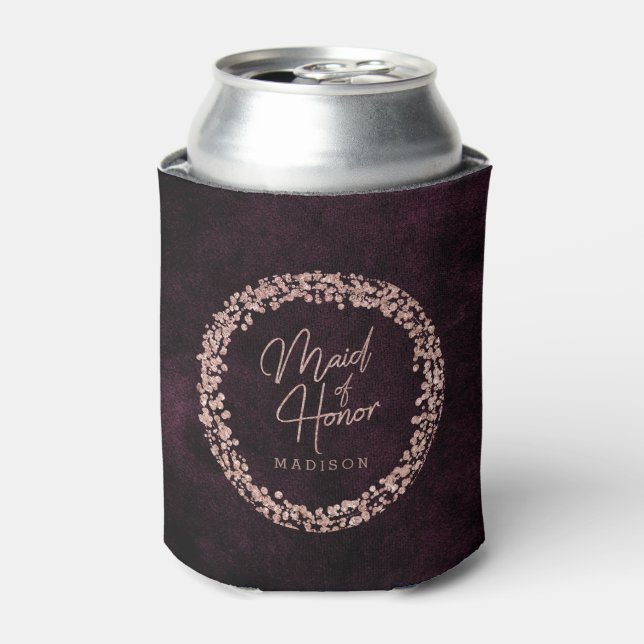 Burgundy Wine & Rose Gold Wedding Maid of Honour Can Cooler (Can Front)