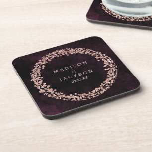 Burgundy Wine & Rose Gold Wedding Monogram Coaster