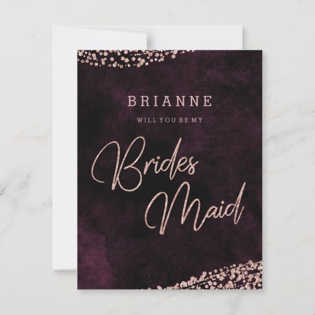 Burgundy Wine Rose Gold Will You Be My Bridesmaid Invitation (Front)