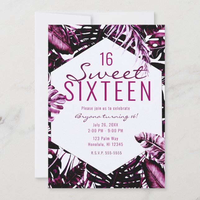 Burgundy Wine Tropical Palm Leaves Chic Sweet 16 Invitation (Front)
