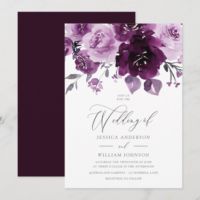 Burgundy Wine Watercolor Floral Wedding Invitation (Front/Back)