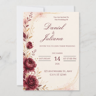 Burgundy Wine Wedding Invitation | Romantic Floral