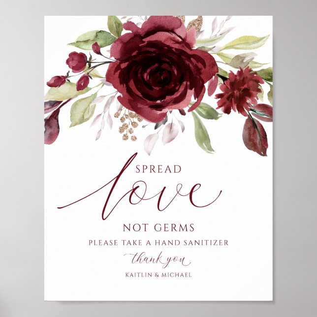 Burgundy Wine Wedding Spread Love Not Germs Sign (Front)