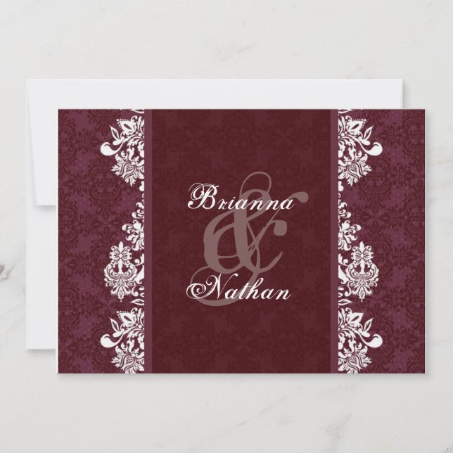 Burgundy Wine & White Damask Wedding Linen Paper Invitation (Front)