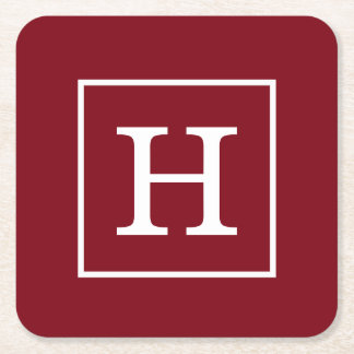 Burgundy Wine White Framed Initial Monogram Square Paper Coaster