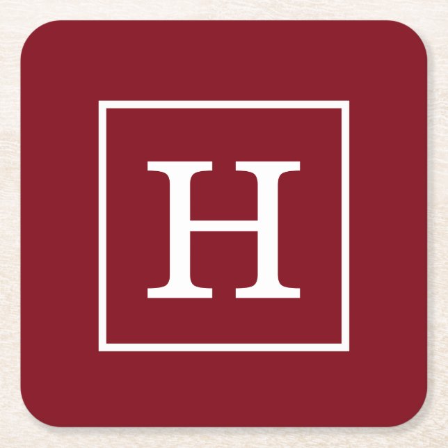 Burgundy Wine White Framed Initial Monogram Square Paper Coaster (Front)