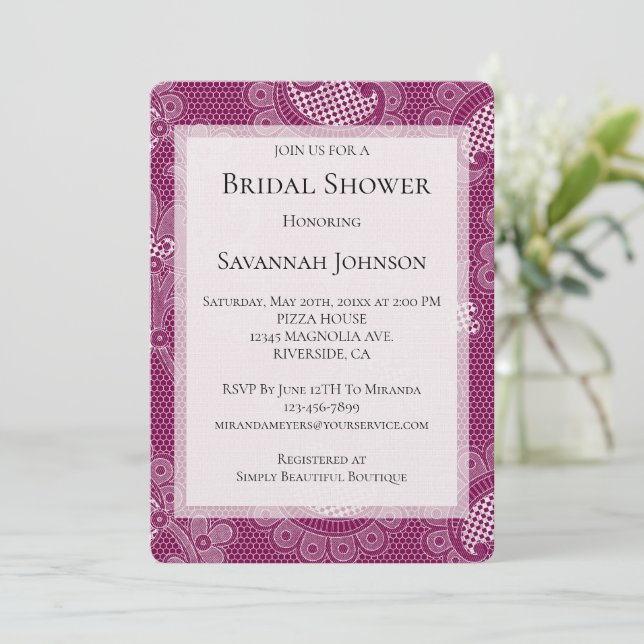 Burgundy Wine White Lace Floral Bridal Shower Invitation (Standing Front)